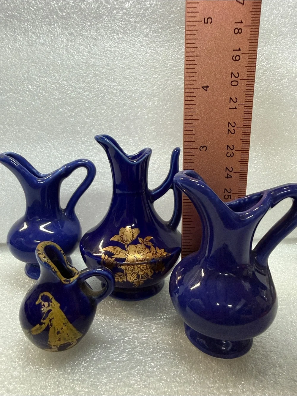 Set of 4 Miniature Cobalt Blue Porcelain Pitchers Vintage Vase Decor